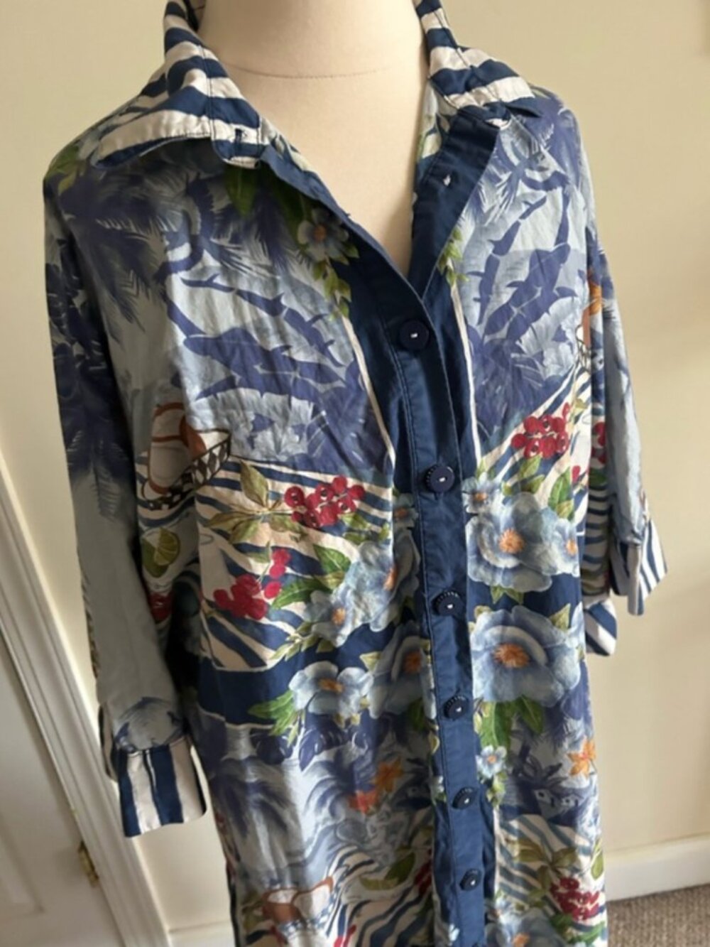 Farm Rio Blue Fresh Table Scarf Organic Cotton Midi Dress size L - Picture 4 of 9